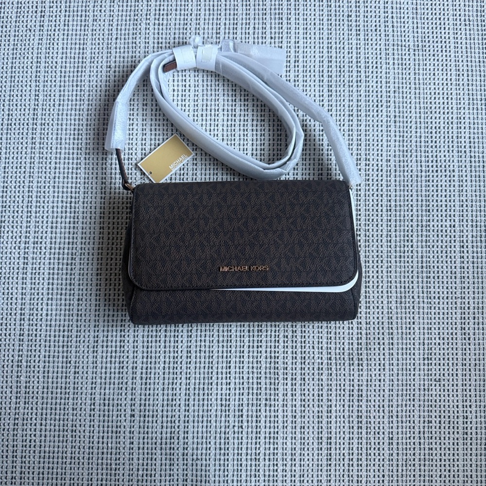 Michael Kors Jet Set Medium Brown PVC Convertible Pouchette Crossbody Bag (NEW)